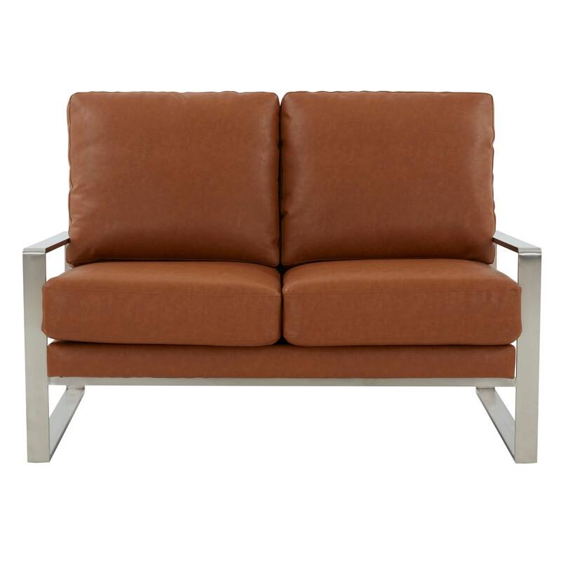 Jefferson Modern Leather Loveseat with Brushed Silver Stainless Steel Base, Removable Cushions, Sinuous Springs, Fully Assembled