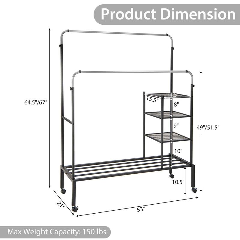 Costway Rolling Clothes Drying Rack Double Rods Garment Rack with - See Details