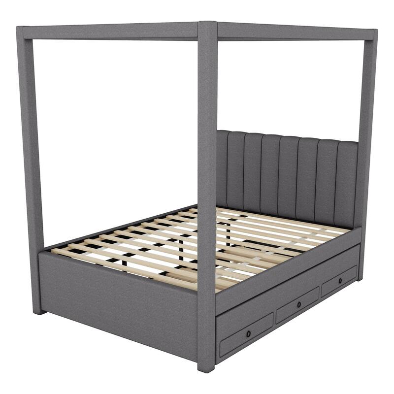 Twin/Full Size Upholstery Canopy Platform Bed with Trundle and Three Storage Drawers