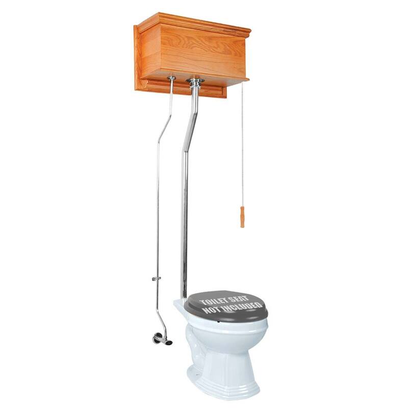 High Tank Toilet - Light Oak Wooden Flat Tank, Round White Bowl Chrome L Pipes Renovators Supply