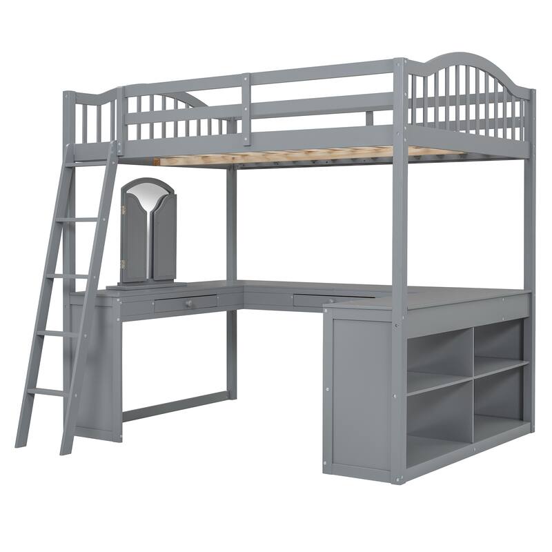 U-Shaped Workstation Loft with Mirror, Curved Frame, Drawers & Storage for Full Bed