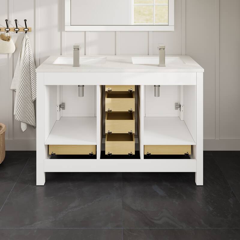 Eviva London 54"W x 18"D White Double Sink Bathroom Vanity with White Carrara Quartz Vanity Top