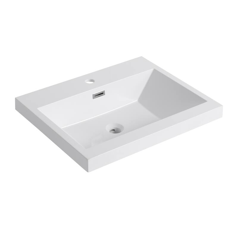 GDFStudio - Elara Gloss White Resin Bathroom Sink Top Only, Modern Rectangular Basin for Wall-Mounted Vanities - 24" Bathroom  Resin Sink - Gloss White