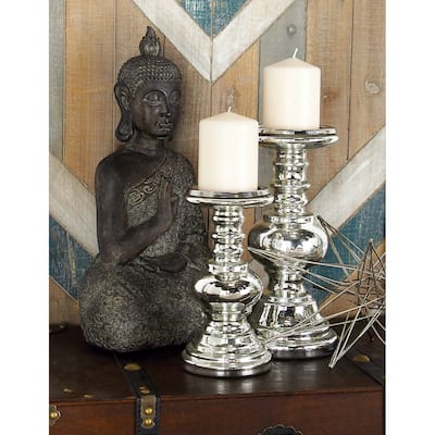 Silver Glass Handmade Turned Style Pillar Candle Holder (Set of 2)