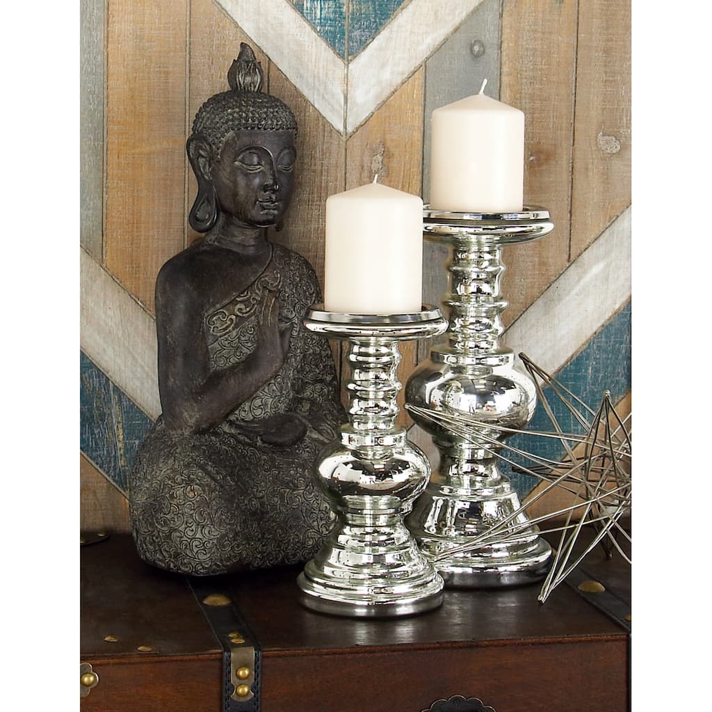 Silver Glass Handmade Turned Style Pillar Candle Holder (Set of 2)