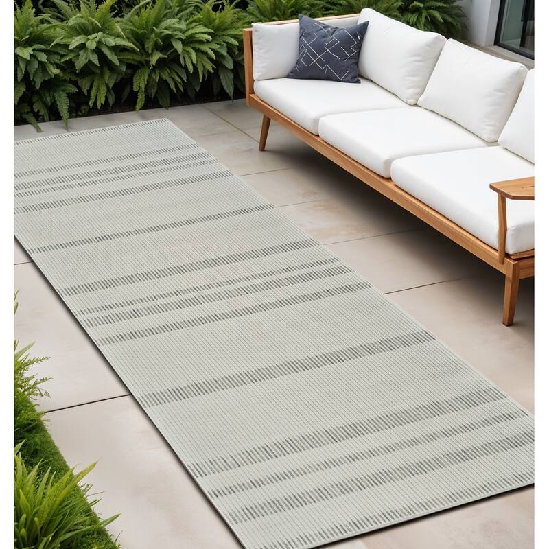 Jasi Stripe Weather Resistant Sleek Contemporary Runner Outdoor Rug - 10' Runner - Beige/Cream