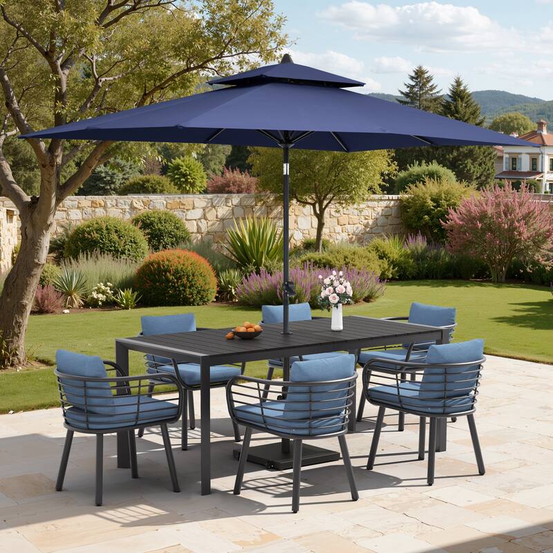 9/11-Piece Outdoor Dining Set w/10 ft Umbrella and Base Aluminum Dining Table and Chairs with Sunbrella Cushions