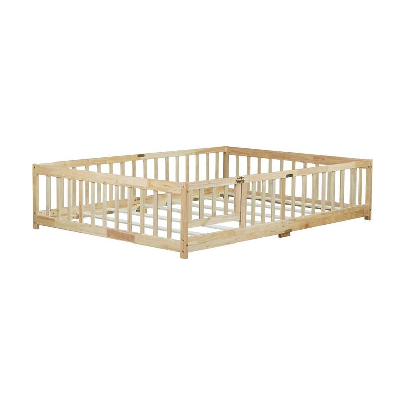 Roomfitters Twin/Full Floor Bed with Surround Fence, Rubber Wood Platform with Guardrails and Slats, Natural