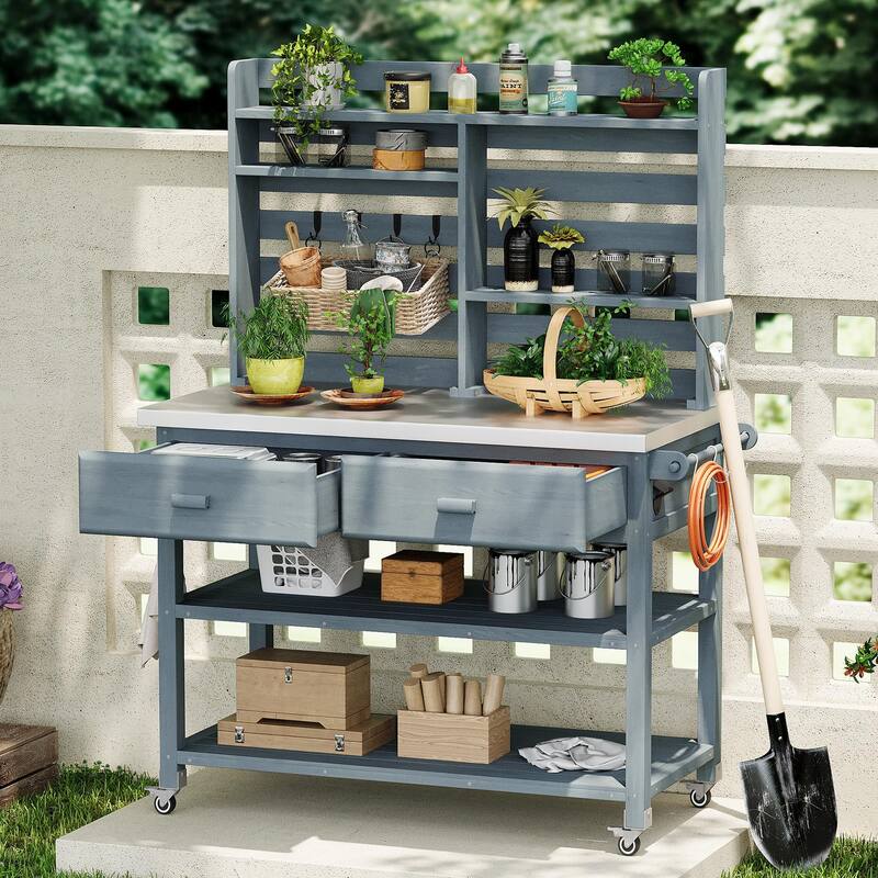 64.9"H Outdoor Potting Table with Lockable Wheels,Solid Wood Kitchen Island with Upper Hutch,Stainless Steel Top,Towel Rack - Grey/Blue