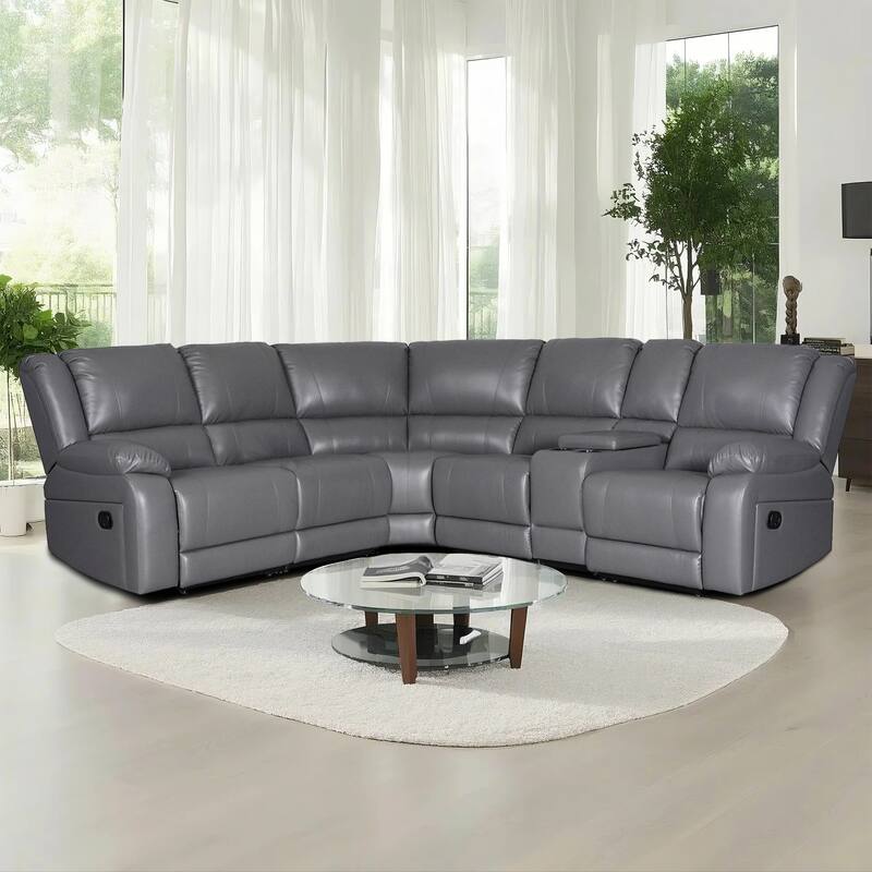 6PCS, 2 Manual Recliners, Faux Leather Reclining Sectional with Center Console - Grey
