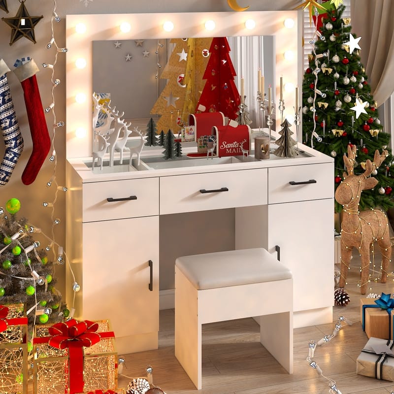 Bedroom makeup vanity set with 3 drawers - White