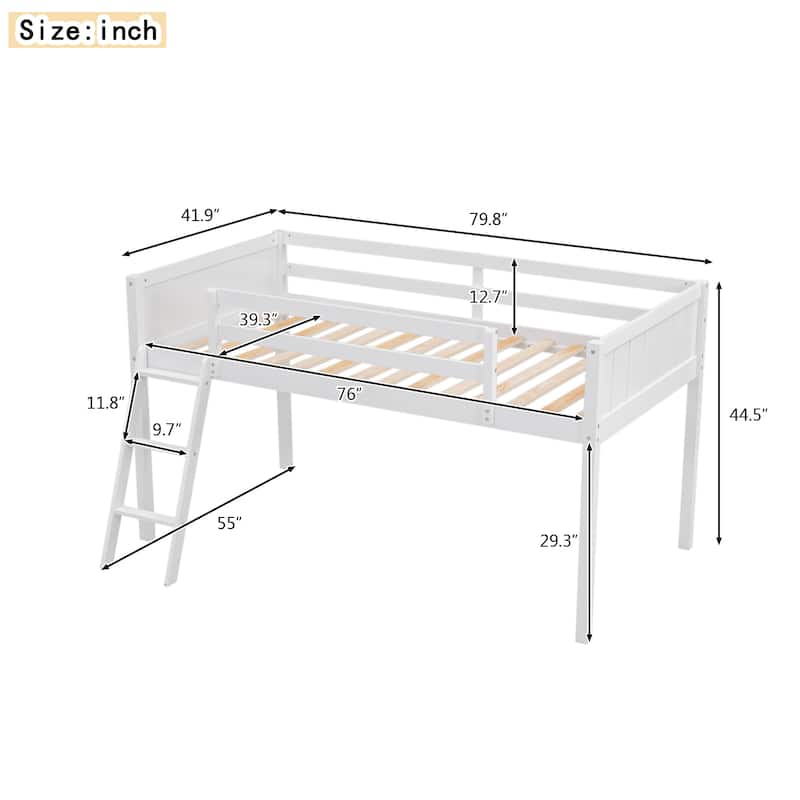 Wood Low Loft Bed with Ladder, Ladder Can Be Placed on the Left or Right