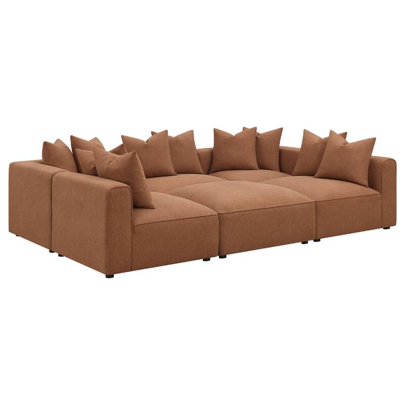 Hani 6pc Modular Sectional Sofa with Ottoman, Rich Brown, 10 Pillows