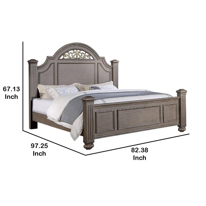 Recus California King Bed, Carved Floral Details, Arched Headboard, Gray