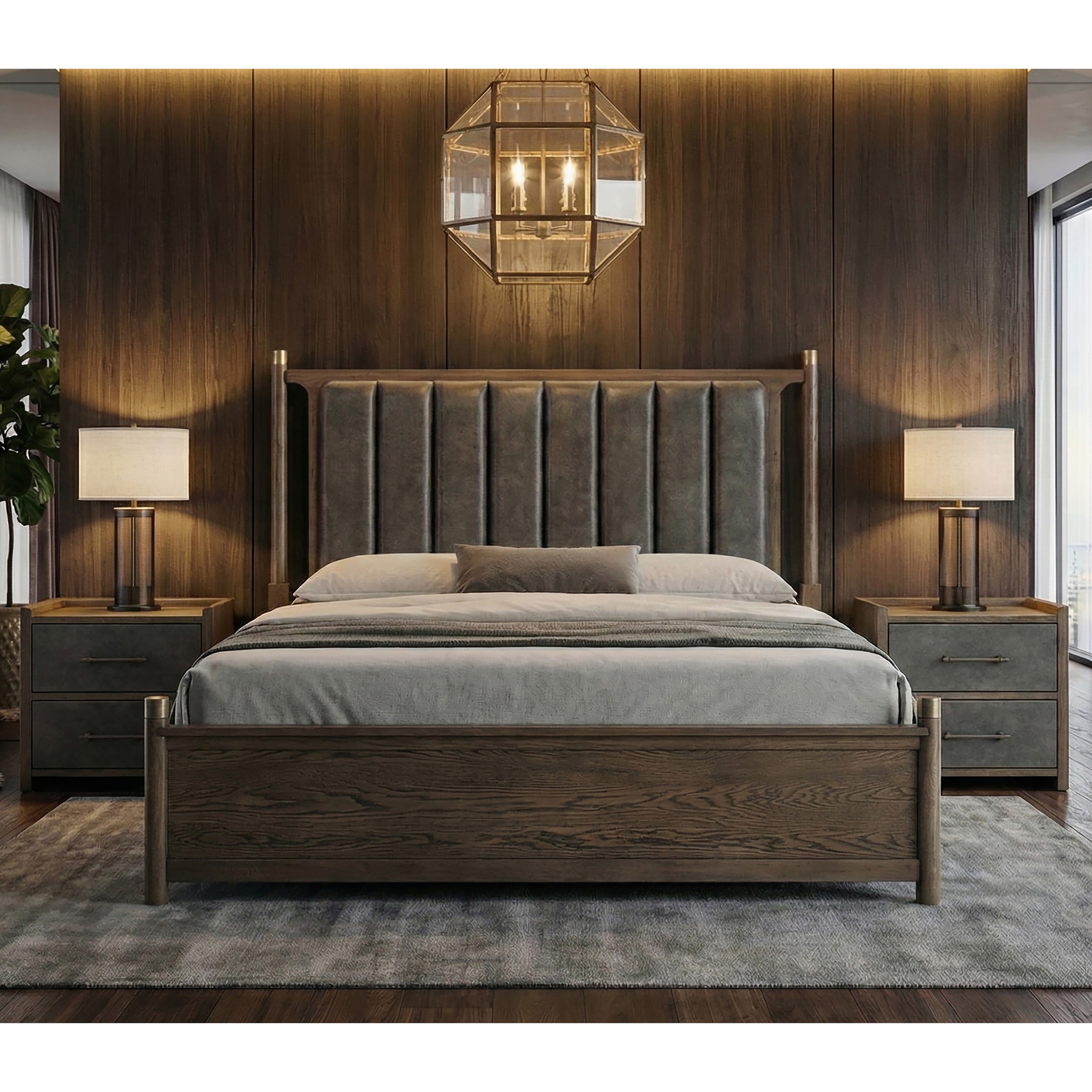 Furniture of America Thalv Mid-Century Modern 3-Piece Dark Walnut Wood and Faux Leather Bedroom Set with 2 Nightstands
