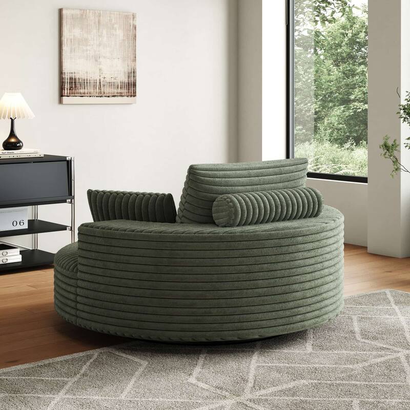 55'' L Corduroy Round Single Swivel Chair, Chaise Lounge with Pillows