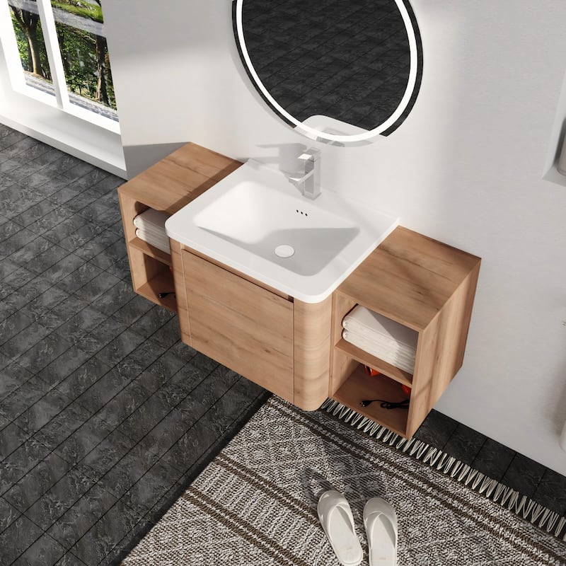 Malwee 24"/36"/48"/60" Floating Bathroom Vanity, Wall Mounted Bathroom Vanity with Ceramic Sink,Soft Close Door and Shelf