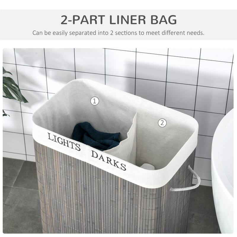 Gray Bamboo Laundry Basket with Dual Compartments Removable Washable Liner 26 Gallon Large Capacity