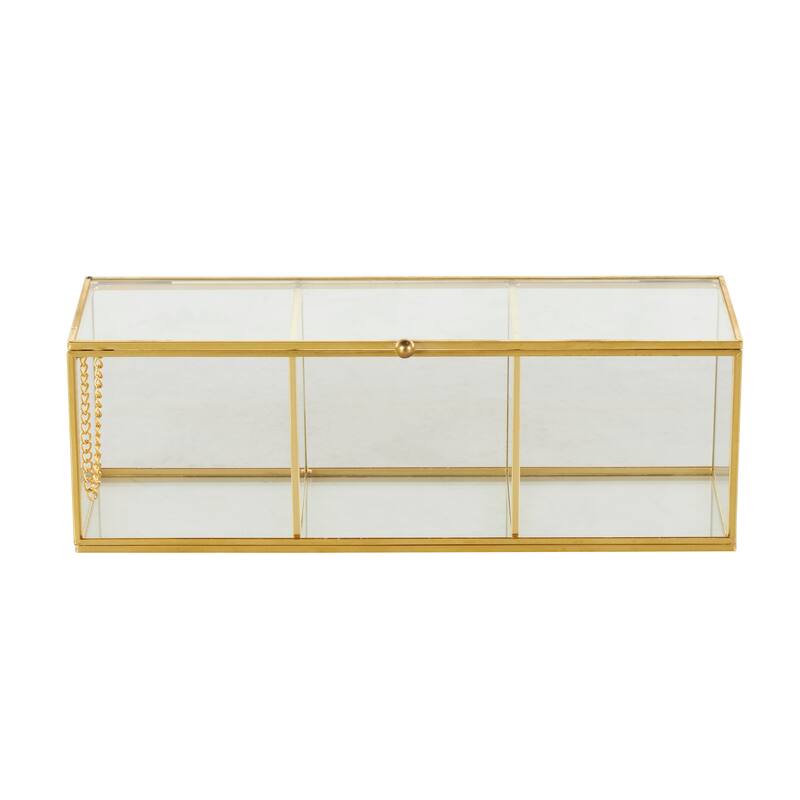 Clear Glass Slim Rectangular 3 Slot Decorative Jewelry Box with Gold Metal Frame and Chain Accent