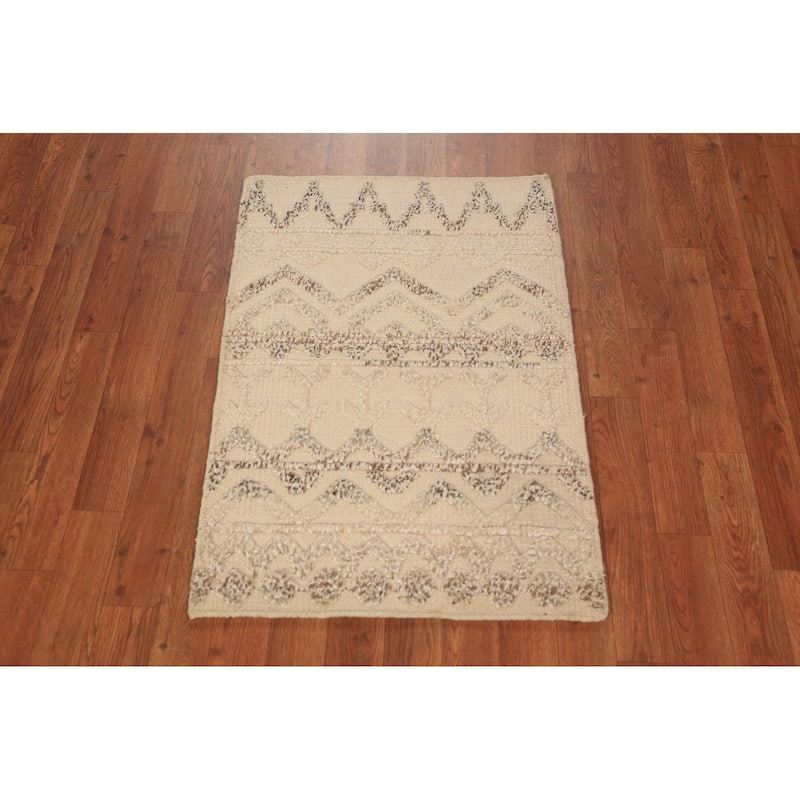 Chevron Style Moroccan Indian Accent Rug Handmade Beige Wool Carpet - 2'0"x 3'0"