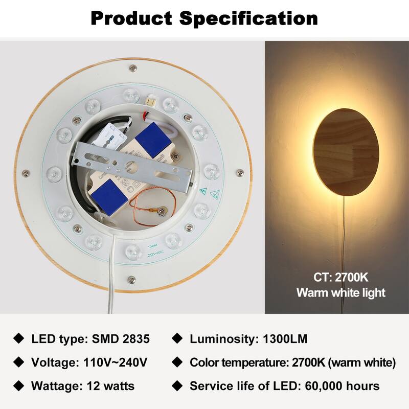 Modern Minimalist Wall Sconces, Round Wood LED Wall Lamp, Warm White Brightness Wall Light Fixtures for Bedroom - Yellow