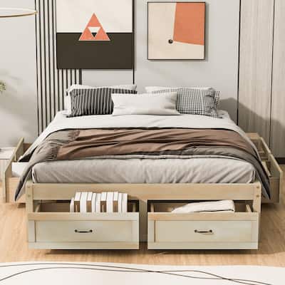 QueenSize Platform Bed with 6 Storage Drawers, Antique Natural, Sleek Design for Bedroom Organization