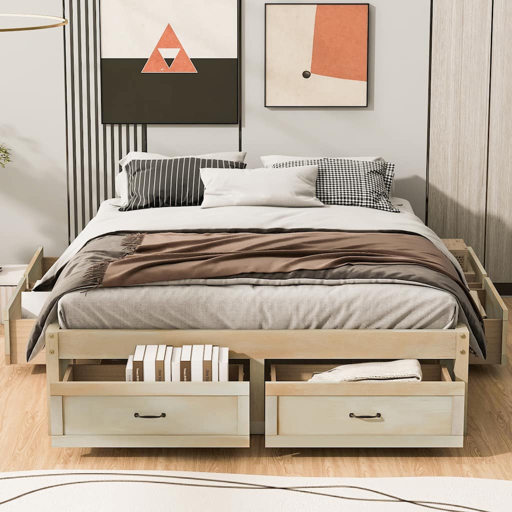 QueenSize Platform Bed with 6 Storage Drawers, Antique Natural, Sleek Design for Bedroom Organization