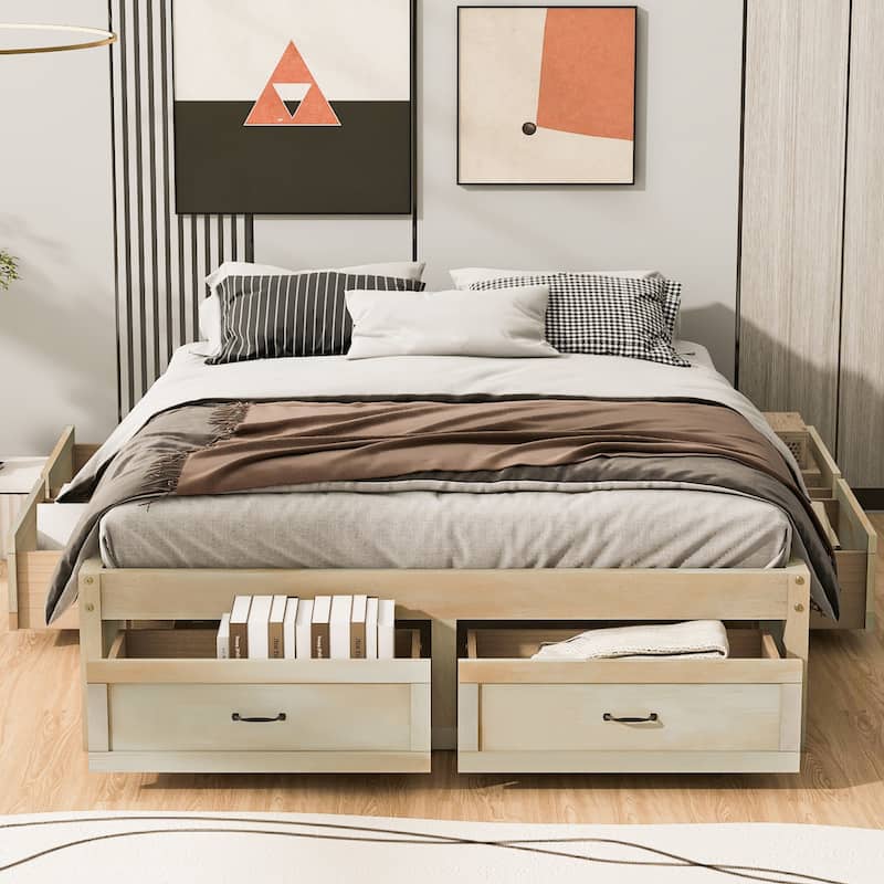 Roomfitters Queen Size Platform Bed with 6 Storage Compartments, Modern Wood Frame, Space-Saving Design