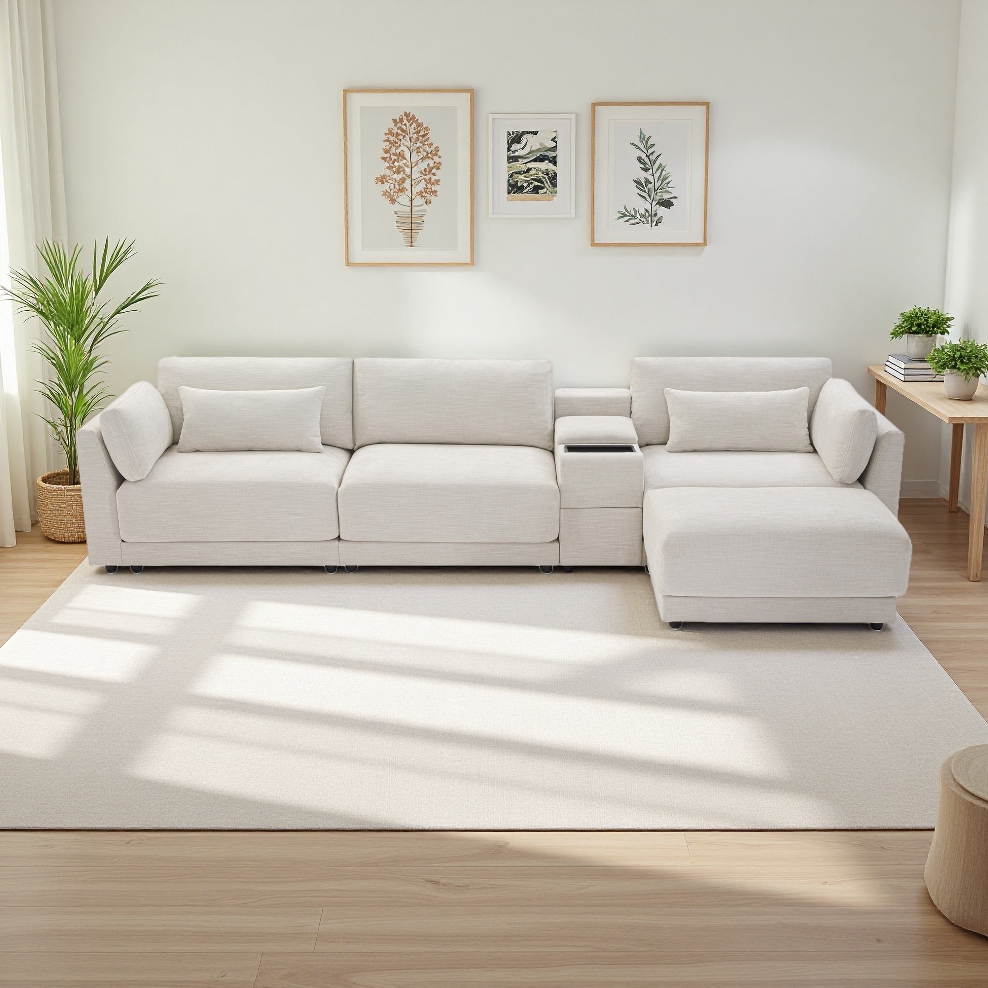 124" Chenille L-Shaped Sectional Sofa with Multi-Functional Storage Console and Wired/Wireless Charger