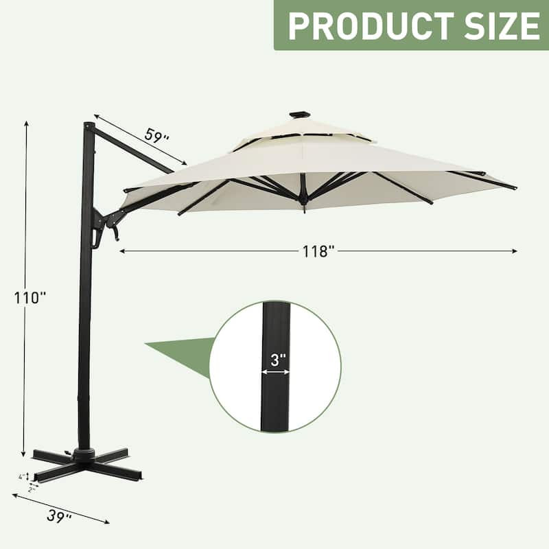 Autlaycil 10FT Cantilever Patio Umbrella with Solar Lights Included Base 360 Rotation Large Offset Hanging Outdoor Shade