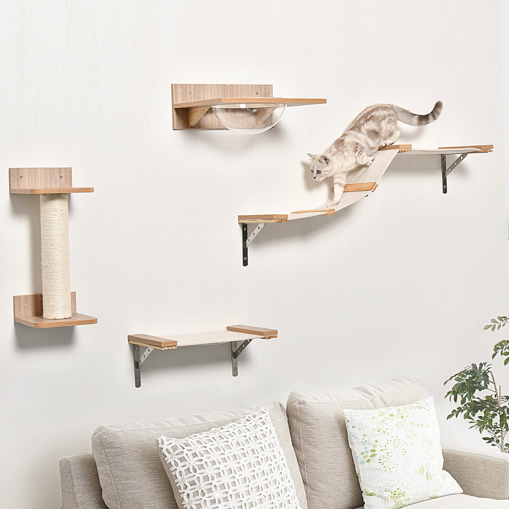 PawHut Indoor Cat Activity Tree 4 Piece Set Mounted Pet Climbing