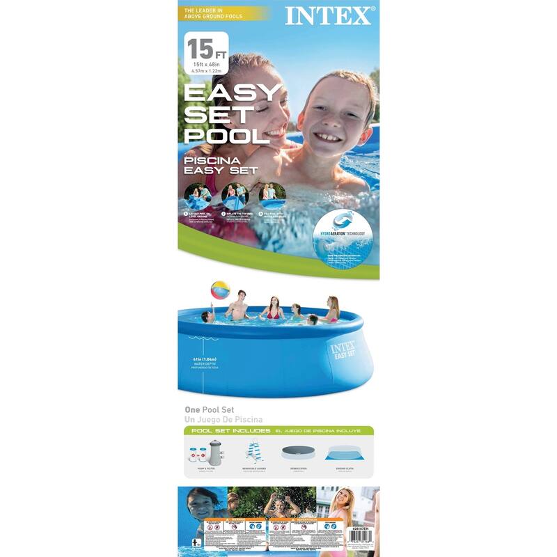 Intex Above Ground Swimming Pool, Ladder with Pump and 15’ Pool Debris Cover - 95