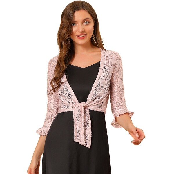 Women Ruffled Sleeve Tie Front Heart Lace Shrug Top. Opens flyout.