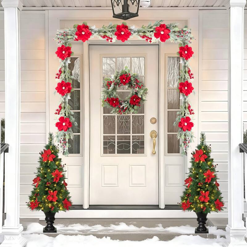 Glitzhome Christmas Artificial Plant Set, Red Mangnolia Wreath, Garland, and Set of 2 Entrance Potted Trees with LED Lights