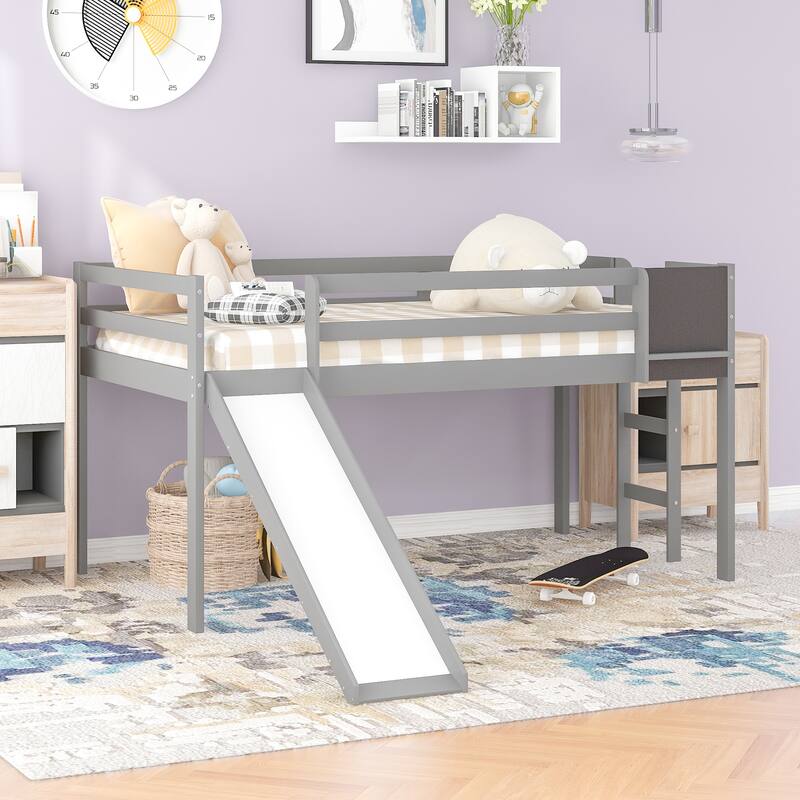 Twin Loft Bed with Slide, Chalkboard & Ladder, Solid Wood, Fun Kids Bed