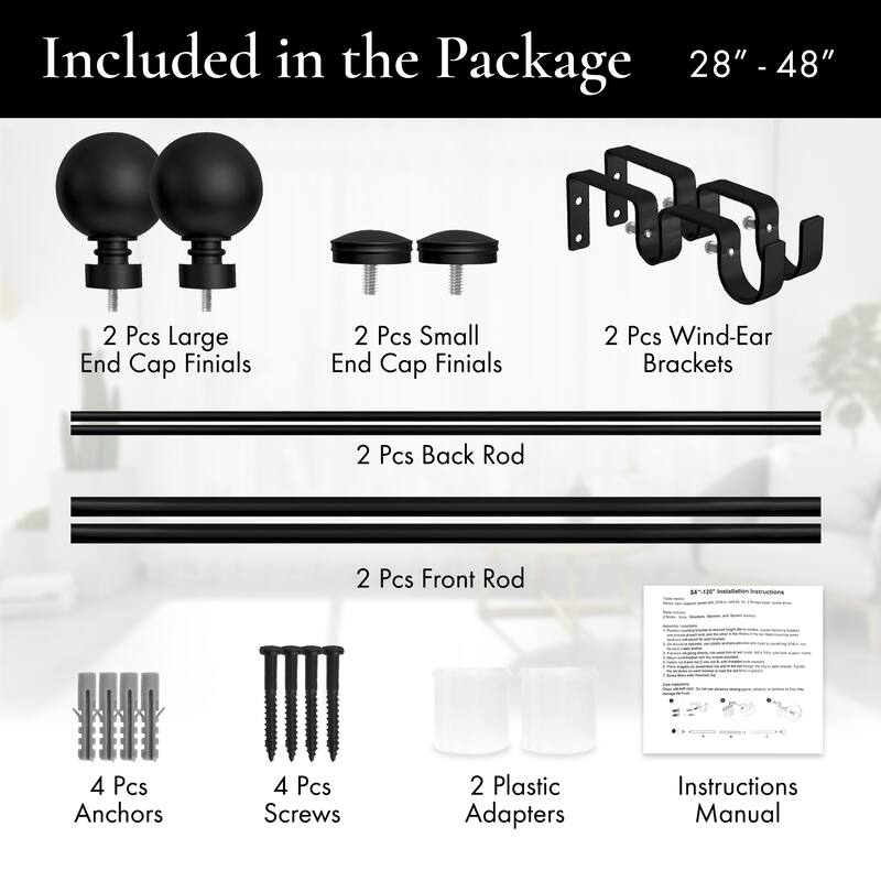 Meriville 1-Inch Diameter Steel Ball Double Window Curtain Rod with Norwood End Cap Finial