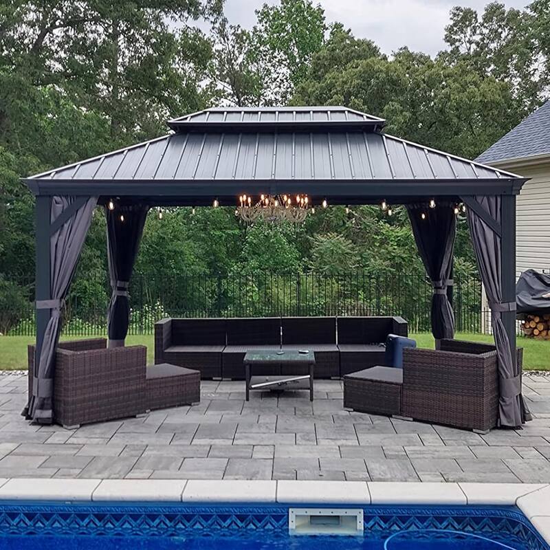 PURPLE LEAF Outdoor Galvanized Steel Hardtop Gazebo, Aluminum Frame Gazebo With Curtains - 10ft x 14ft