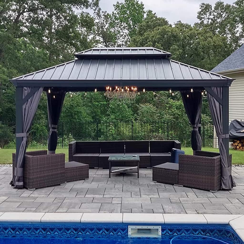 PURPLE LEAF Outdoor Galvanized Steel Hardtop Gazebo, Aluminum Frame Gazebo With Curtains