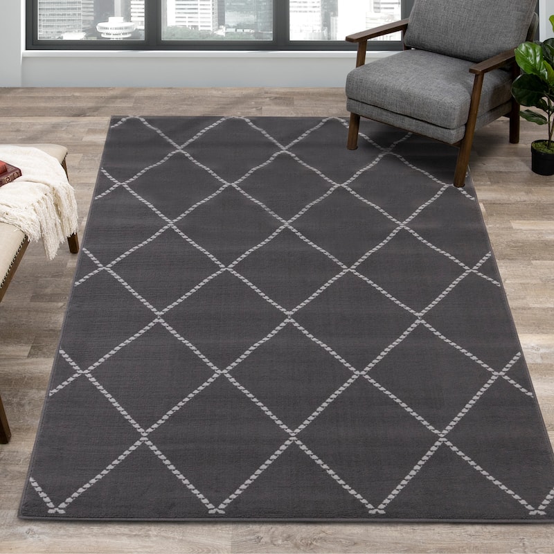 Florence Collection - Grey/Cream Trellis Design Rug - 4'7" x 6'7"