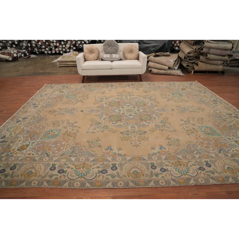 Hand Knotted Oriental 100% Wool Carpet Traditional Floral Brown Tabriz Area Rug - 12' 4'' X 9' 8''