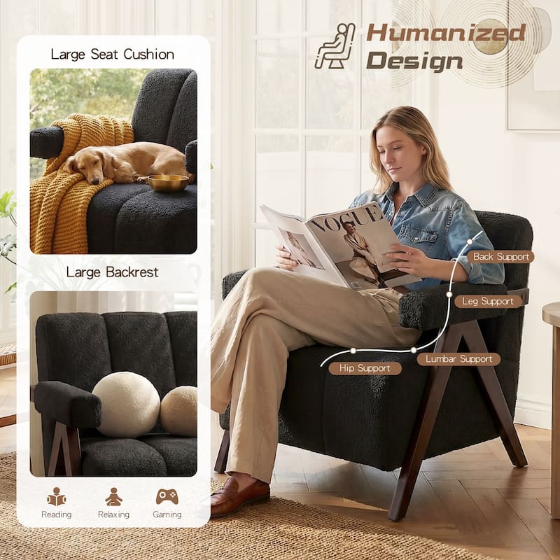 Mid Century Modern Accent Chair, Solid Wood Upholstered Armchair with Wide Backrest and Thick Cushion