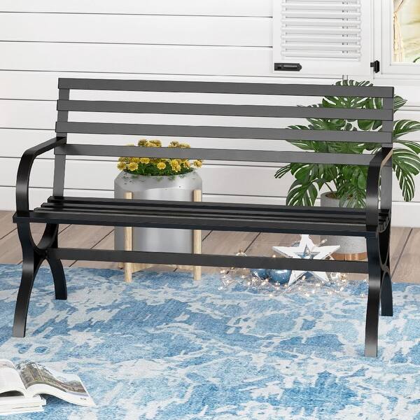 slide 2 of 15, Black metal outdoor garden bench-Modern Furniture Black