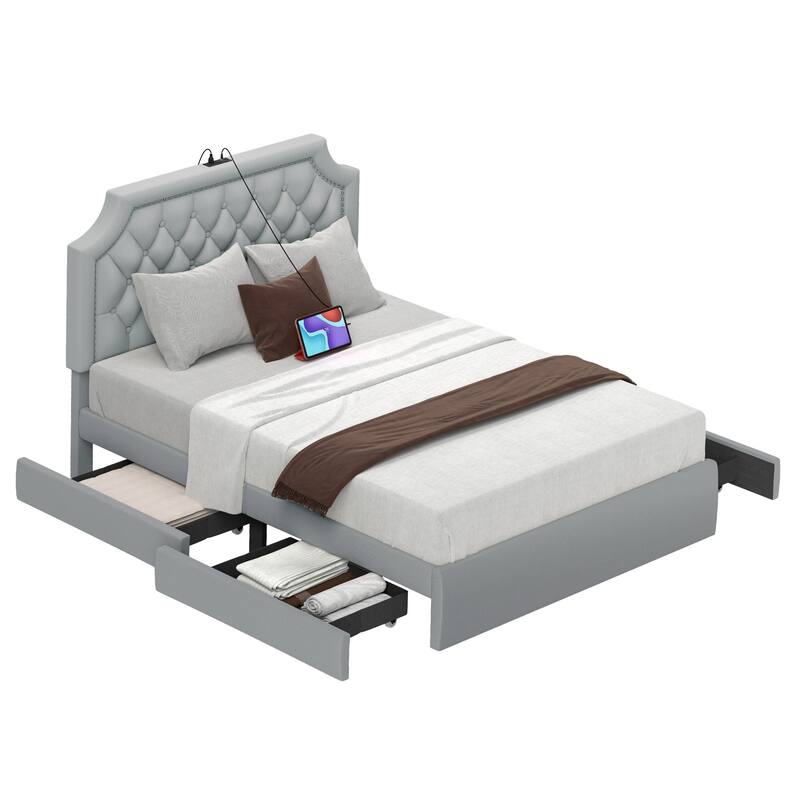 Moasis Velvet/Linen Upholstered Bedframe with Adjustable Headboard and 4 Storage Drawers - Velvet Grey - Full