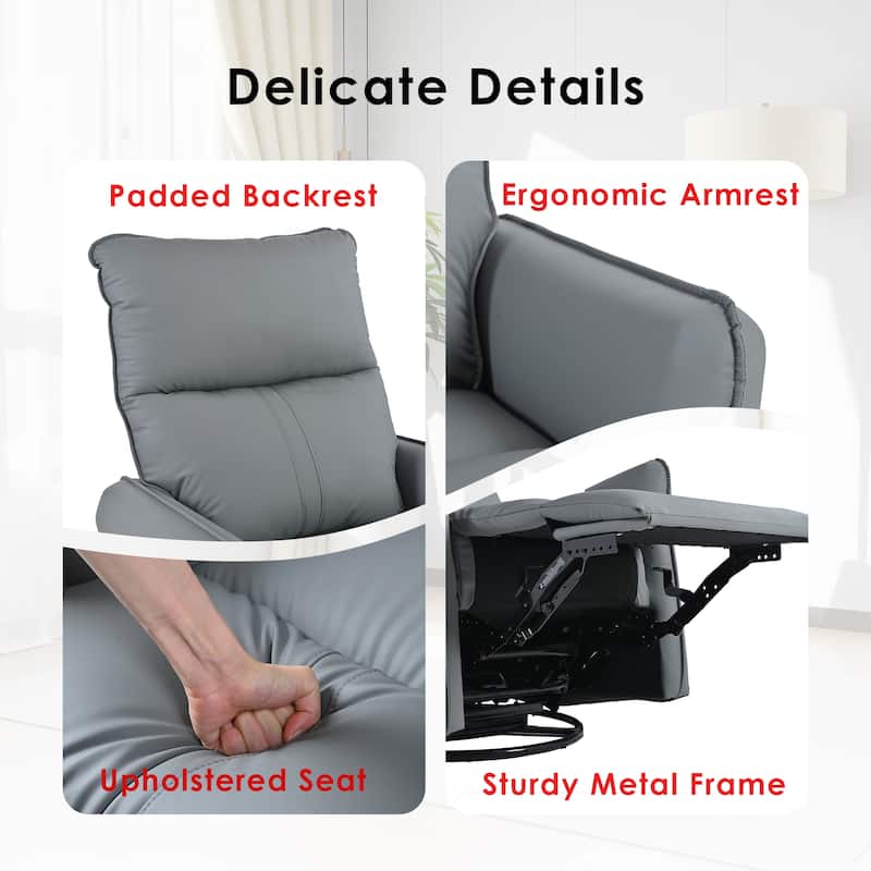 PU Leather Rocking Recliner Chair,360 Degree Swivel Rocking Chair,Glider Chair,Small Swivel Recliner Chair with Side Pocket