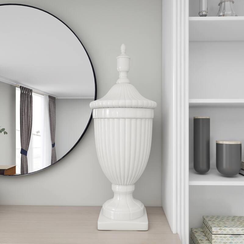 White Ceramic Tall Fluted Urn Living Room Decorative Jars with Grooves and Lid