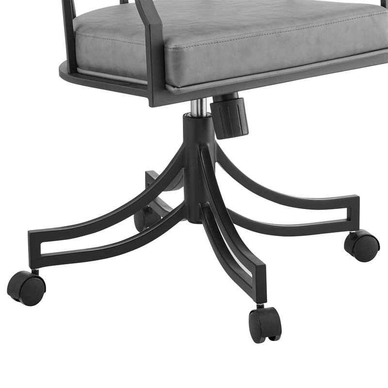 Tibby Swivel Dining Chair, Tilt Rolling, Black Iron, Gray Faux Leather