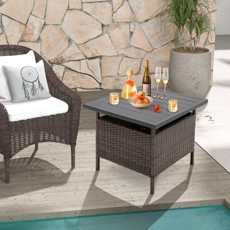 Patio Square Wicker Side Table with Umbrella Hole for Yard Garden Poolside - 22"x 22"x 18.5”(L x W x H)