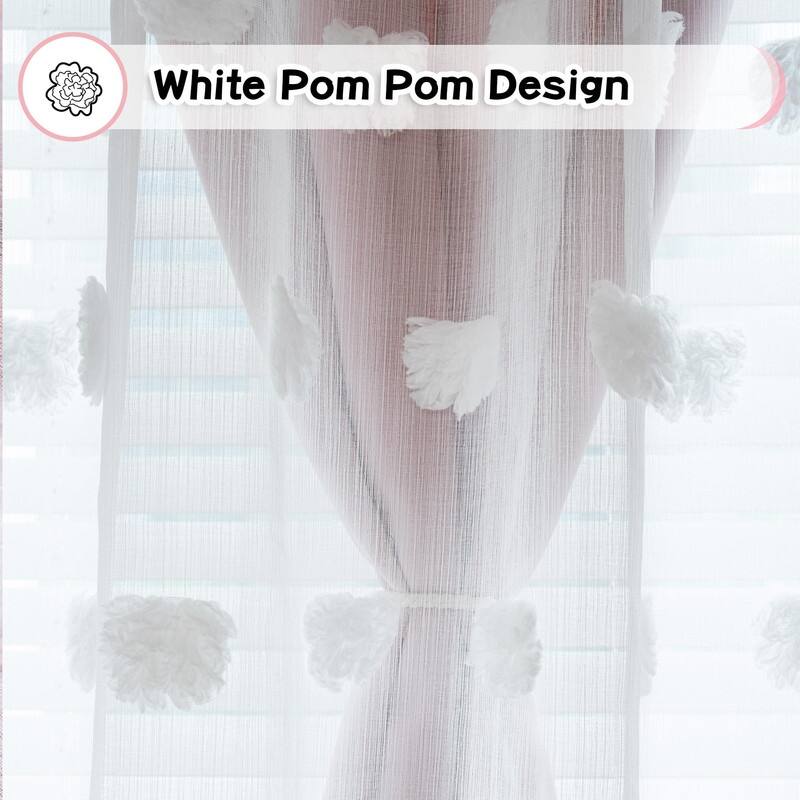 Pink Curtains for Living Room Long Pom Pom White Sheer Curtains