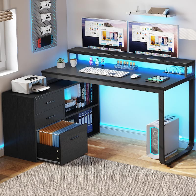 55 Inch L-shaped Gaming Desk with Power Outlets and LED Lights Computer Corner Desk with File Cabinet Monitor Stand