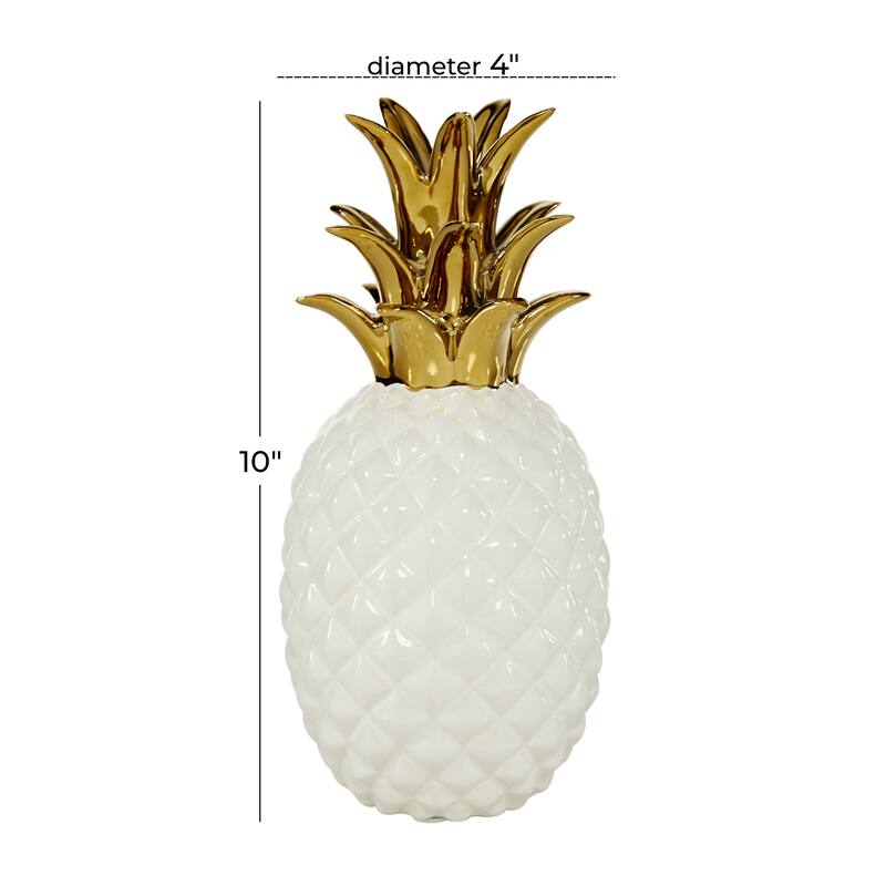 CosmoLiving by Cosmopolitan White Porcelain Ceramic Pineapple Fruit Decorative Sculpture with Gold Leaves